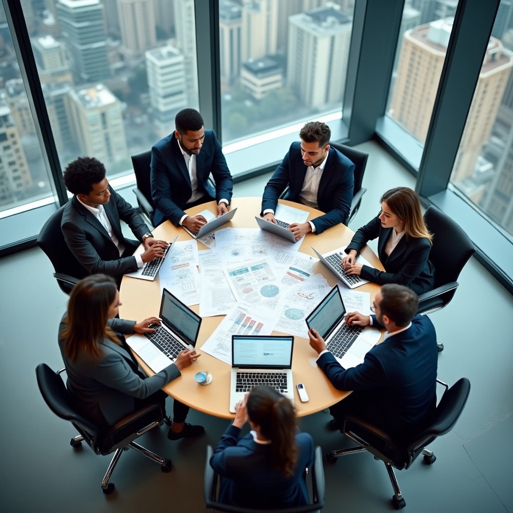Team multifunzionale misto di manager e tecnici che lavorano insieme su progetto in ufficio moderno