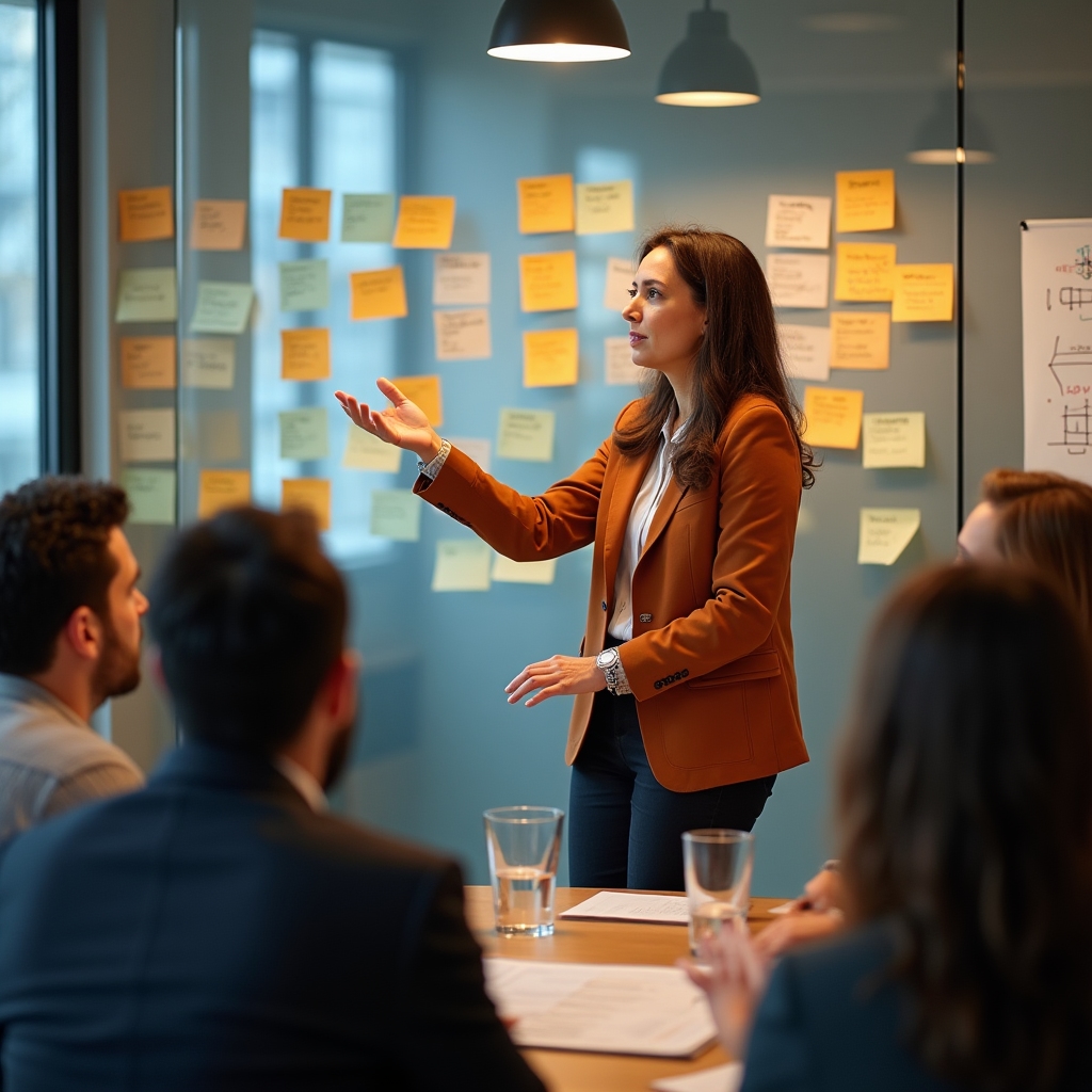 Facilitatrice che conduce workshop interattivo con gruppo di manager in sala formazione moderna