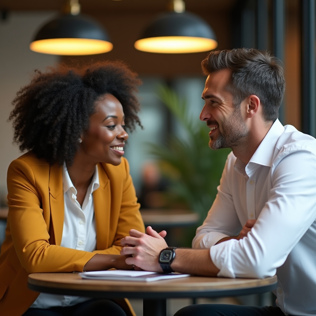Due professionisti in conversazione costruttiva con espressioni aperte e attente in ufficio luminoso