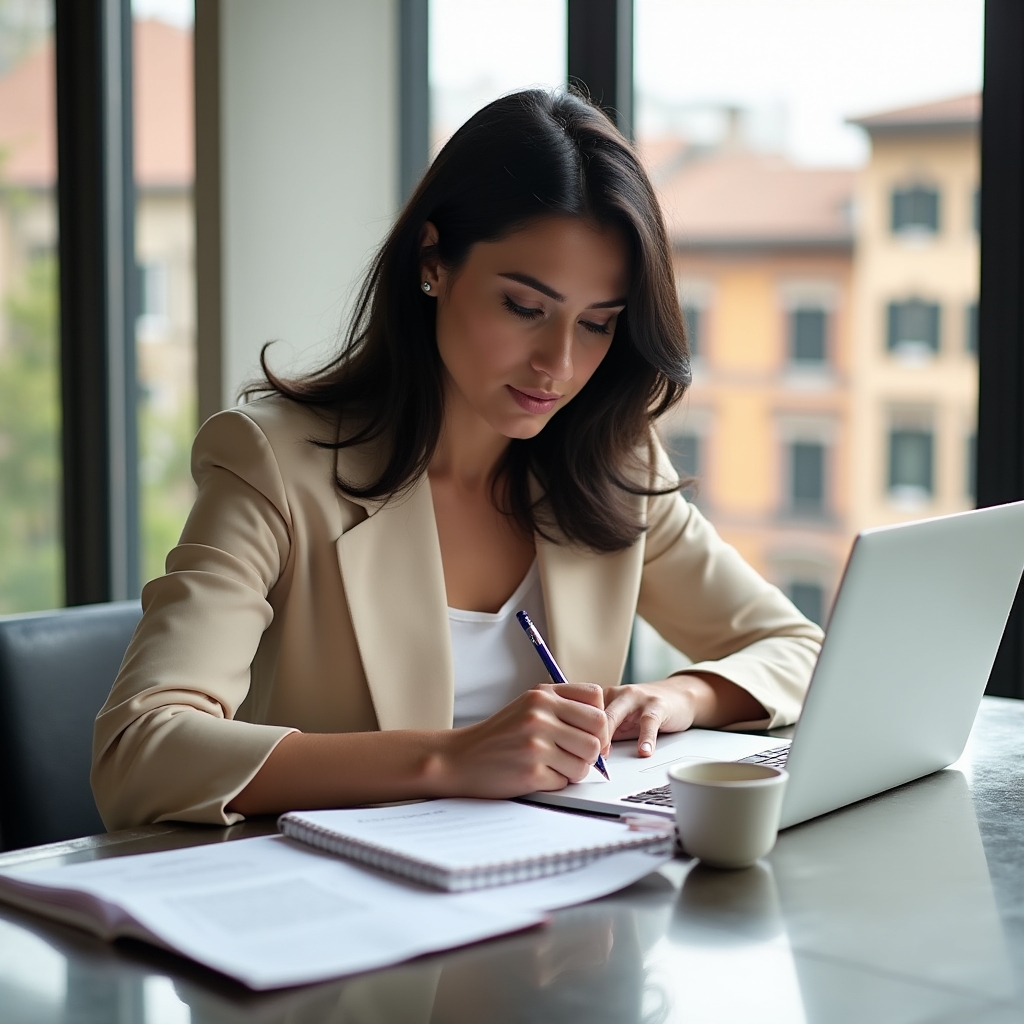 Manager donna che prende appunti durante sessione formativa con laptop aperto in sala riunioni moderna