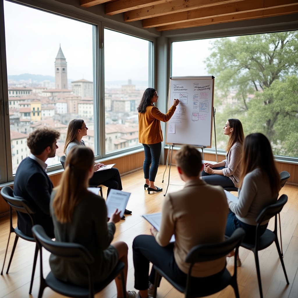 Sessione di formazione in aula con manager attenti e facilitatore che scrive sulla lavagna